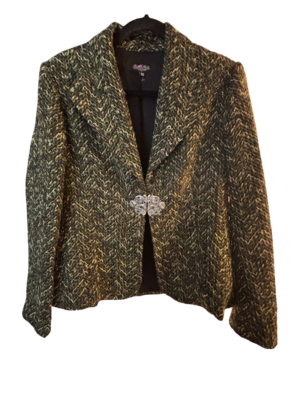 Peck & Peck Olive Green Tweed Blazer with Decorative Clasp